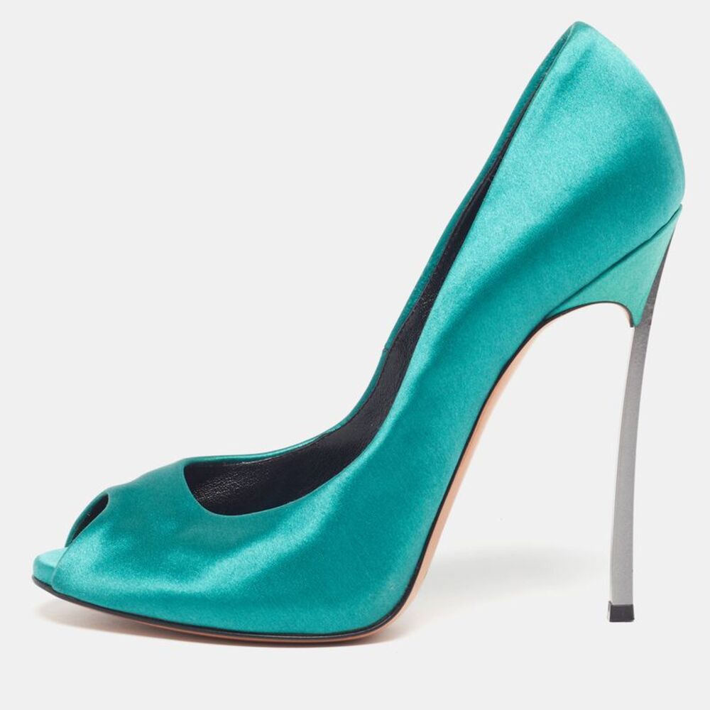 Casadei Blade Size 36.5 Green Satin Peep Toe Pumps
